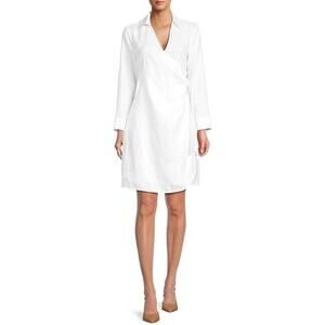 SAKS FIFTH AVENUE White 100% Linen Wrap Mini Dress Long Sleeve Size Small